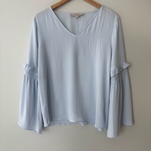 LOFT Blue Ruffle Sleeve V Neck Blouse Size Medium